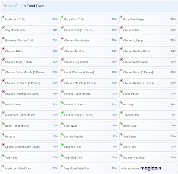 Lall's Food Plaza menu 