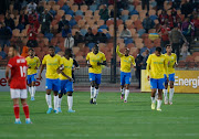 Mamelodi Sundowns' Thapelo Morena celebrates scoring against Al Ahly.