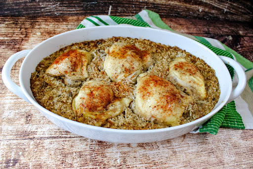 Baked Chicken and Rice Dinner ready to serve.