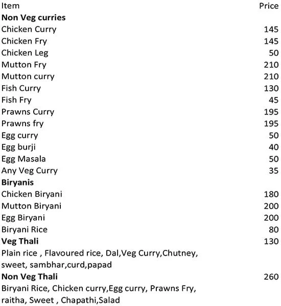 Trupthi Deluxe Mess menu 