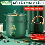 Nồi Lẩu Điện Mini, Ca Nấu Mì 2 Tầng Kèm Giá Hấp Đa Năng Nướng, Luộc, Chiên Chống Dính Vấn Đá Tiện Lợi