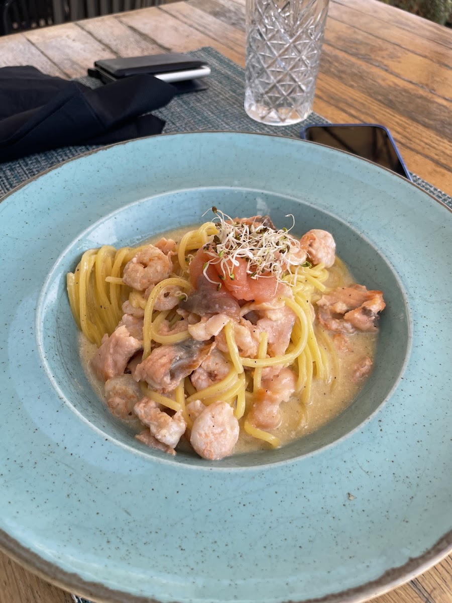 Salmon and shrimp pasta