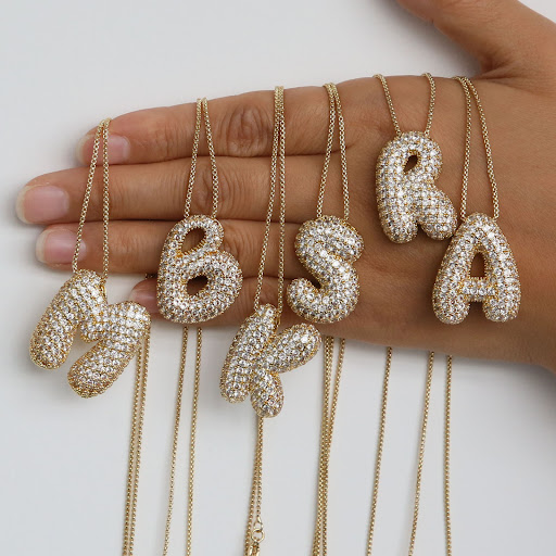 Title 21, Brass Zircon Balloon English Letter Necklace, a...