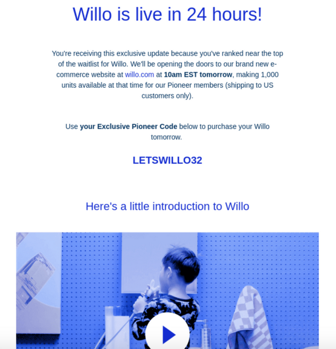 Willo’s launch event invitation email example.