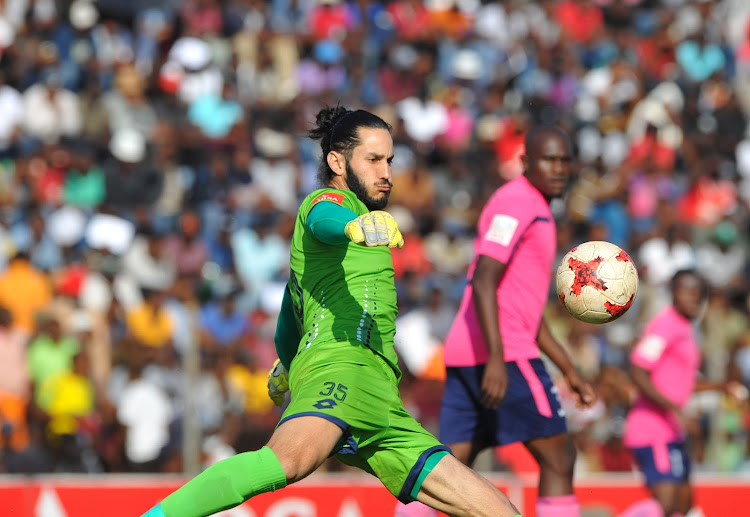 Platinum Stars' goalkeeper Dino Visser distributes the ball during the Absa Premiership Promotion Playoffs match against Black Leopards on May 18 2018 at Thohoyandou Stadium.