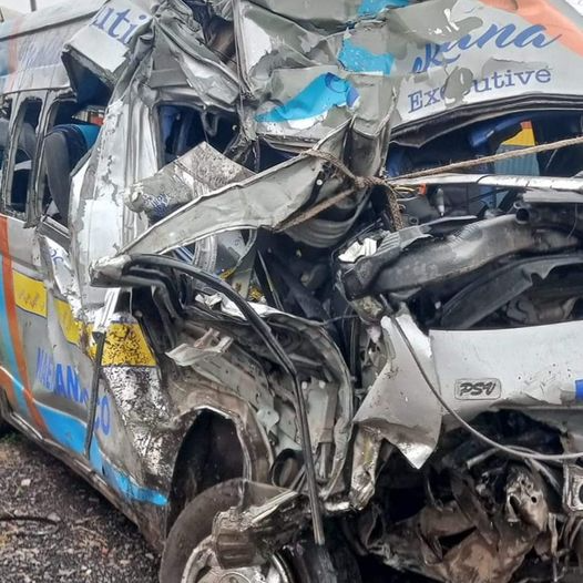 The 14 - seater - passenger matatu that got involved in a grisly accident along Nairobi - Mombasa highway at Mlima Kiu area in Salama, Makueni County on September 8, 2023.