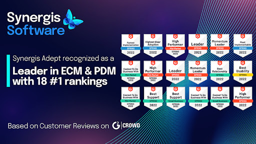 Verified reviewers place Synergis Adept engineering document management at the top for Best Usability, Fastest Implementation, Best Support, and Best Relationship (Graphic: Business Wire)