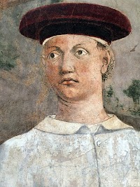 Piero della Francesca, Le Storie della Vera Croce, Ritrovamento delle tre croci (particolare dell'uomo col copricapo rosso, forsei un autoritratto di Piero della Francesca), Basilica di San Francesco, Arezzo