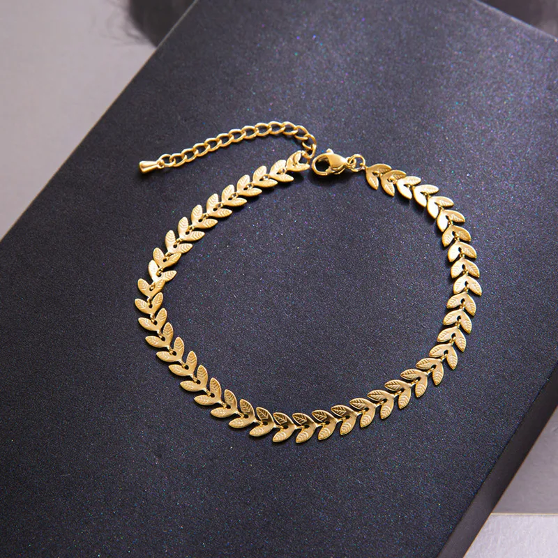 Bracelet de cheville femme en acier inoxydable avec feuille de blé, accessoire de mode élégant et durable, idéal pour toutes occasions.