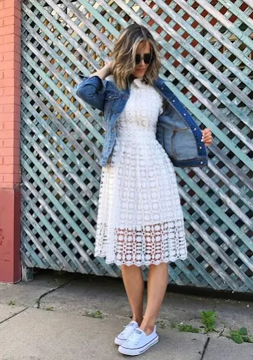 dress with a denim jacket