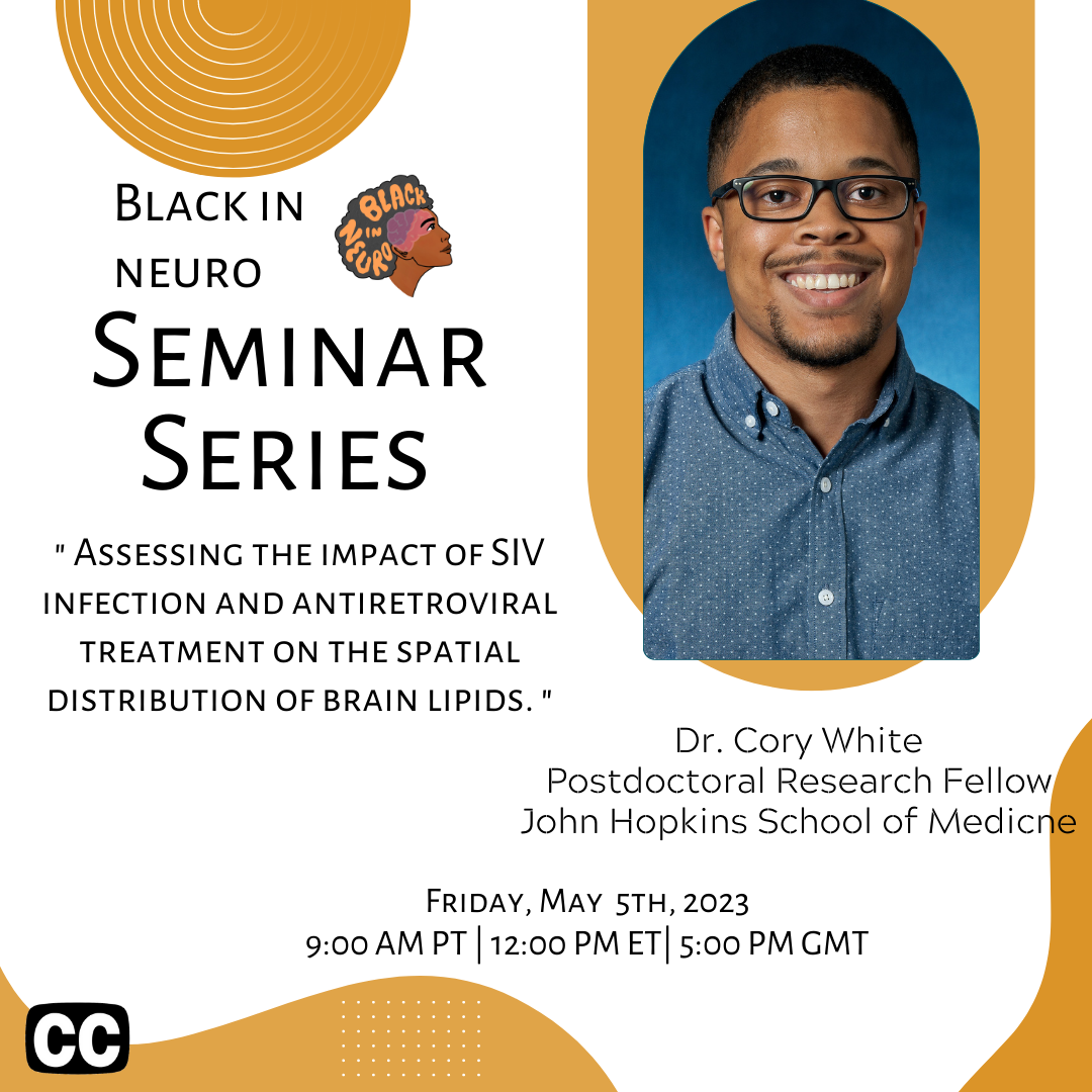 BIN Seminar Series flyer with speaker Dr Cory White presenting “Assessing the impact of SIV infection and antiretroviral treatment on the spatial distribution of brain lipids". Fri May 5 2023. 9amPT/12pmEST/5pmGMT.