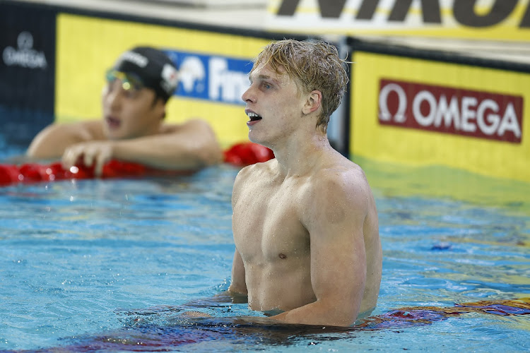 Matthew Sates celebrates winning gold in the men’s 200m individual medley at the world short-course championships in Melbourne on Tuesday. Picture: Daniel Pockett/Getty Images