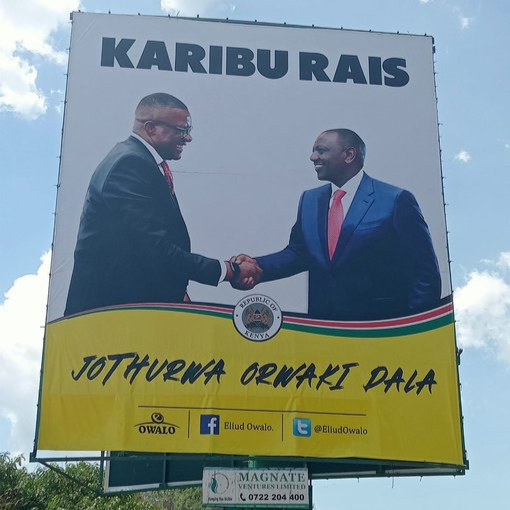 ICT Cabinet secretary Eliud Owalo erected billboards to welcome President William Ruto to Siaya county.