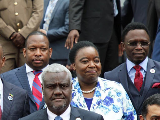 Governor Mike Sonko, AU Commision chairman Moussa Faki and CS Monica Juma at the start of the Blue Economy Conference in Nairobi on Monday, November 26, 2018. /COURTESY