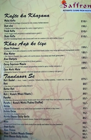 Saffron Restaurant menu 