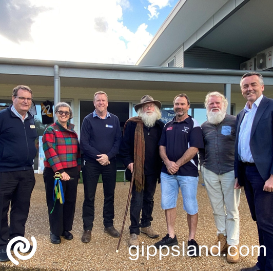 Federal Member for Gippsland Darren Chester pictured with (L-R) East Gippsland Shire Council Cr Arthur Allen, Mayor Cr Mendy Urie, CEO Anthony Basford, Mallacoota Hall and Recreation Reserve CoM President Don Ashby, member Paul Preston and long-time Mallacoota Cricket Club member Bruce Pascoe, at the official opening of the Mallacoota Community Clubrooms on Sunday