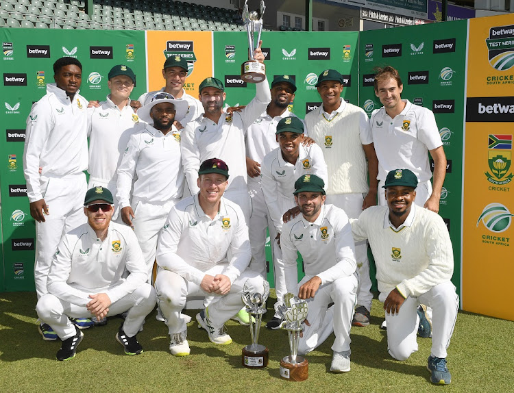 The victorious Proteas after beating Bangladesh in the second Test and series with their win at St George's Park in Gqeberha on April 11 2022.