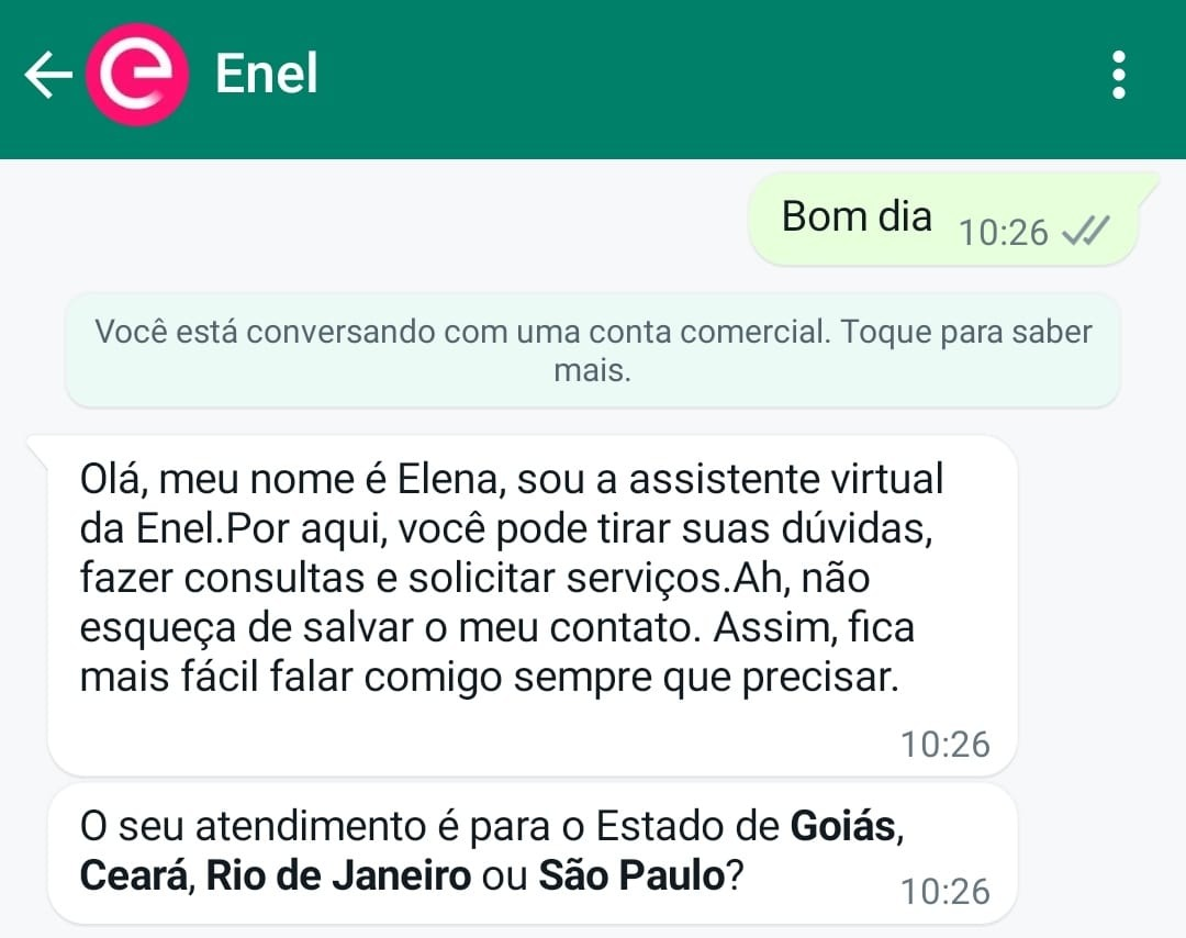 Contato com Enel pelo WhatsApp