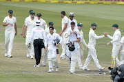 Quinton de Kock and Morne Morkel of the Proteas during day 5 of the 1st Sunfoil Test match between South Africa and Australia at Sahara Stadium Kingsmead on March 05, 2018 in Durban, South Africa. 