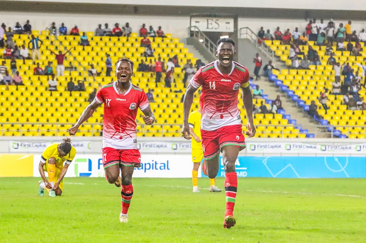 Harambee Stars skipper Michael Olunga celebrates after scoring against Zimbabwe in the Four Nations Tournament at Bingu Stadium in Lilongwe, Malawi, on March 26, 2024.