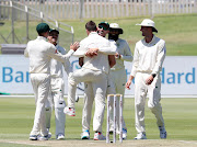 Dale Steyn is given a congratulatory hug from his captain Faf du Plessis after taking his record-breaking 422nd wicket to become SA's leading wicket taker on the opening day of the first Test between the Proteas and Pakistan at SuperSport Park in Centurion on Wednesday December 26 2018.   