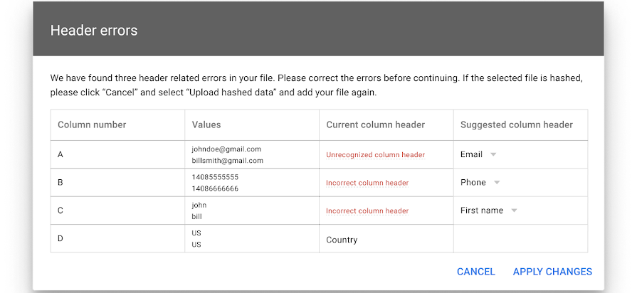 Screenshot showing example error "Unorganized column header"