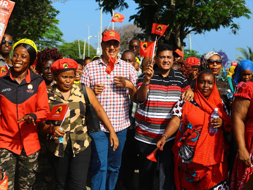 Tourism CS Najib Balala and Jubilee officials celebrate in Mombasa after the Supreme Court upheld President Uhuru Kenyatta’s win on November 20 / JOHN CHESOLI