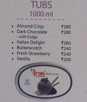 Arun Icecreams menu 