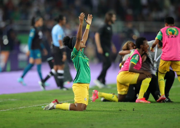 Banyana Banyana's Thalea Smidt celebrates victory at the final whistle of the 2022 Women's Africa Cup of Nations final against Morocco at Stade Prince Moulay Abdellah in Rabat, Morocco on July 23 2022.