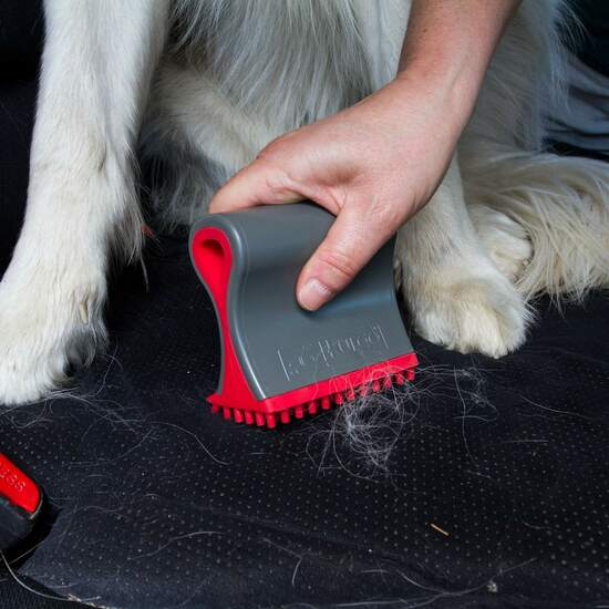 person sweeping dog hair off car seat with Kurgo shed sweeper tool