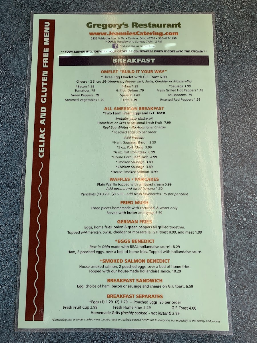 Gregory's Family Restaurant gluten-free menu