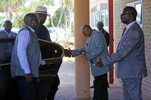 Venda King Mphephu Ramabulana being greeted by Prince Zolile Burns-Ncamashe as he arrived at Mngqesha Great Place. Picture: ALAN EASON