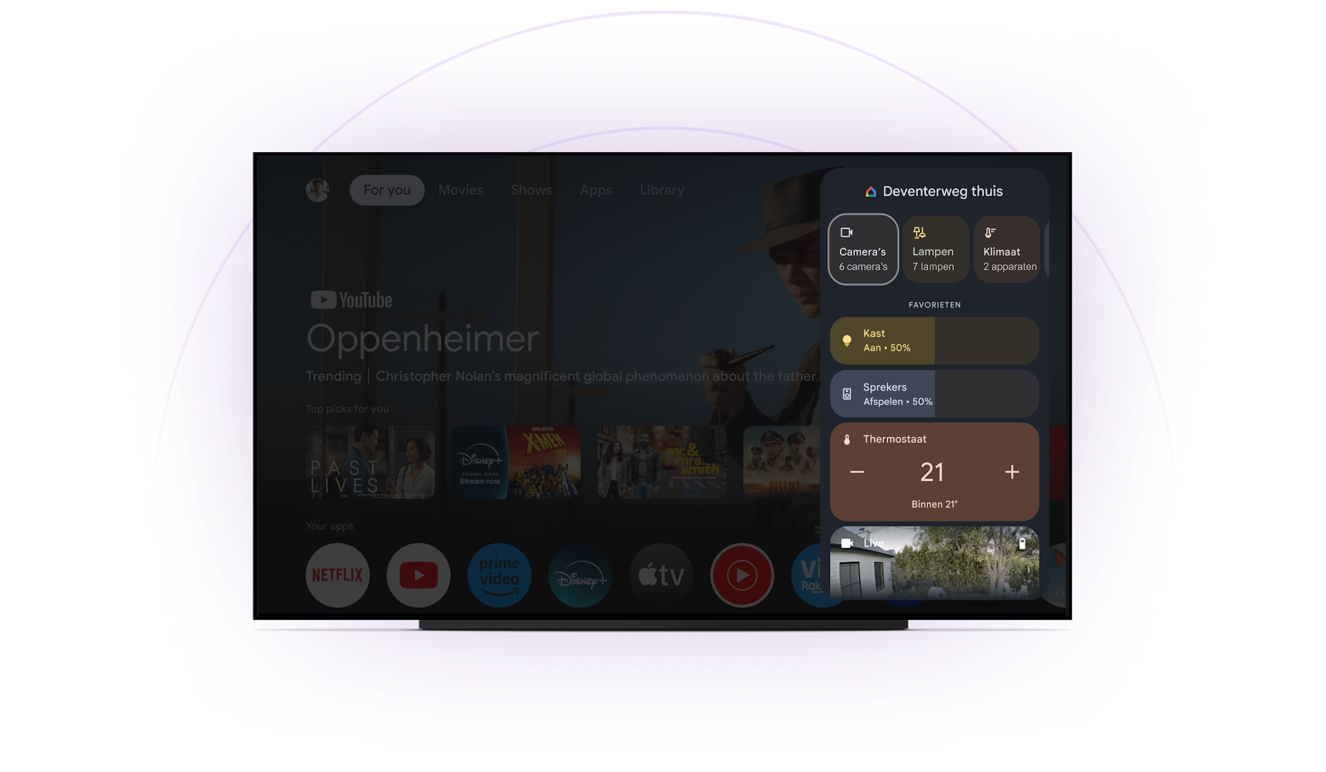Afbeelding van het Home-deelvenster van Google TV met daarin andere smarthome-apparaten van Google