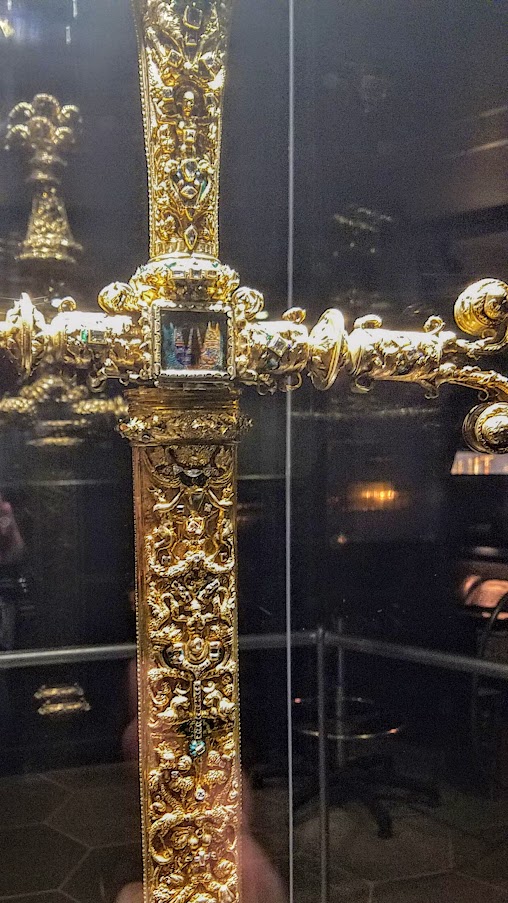 Visiting Rosenborg Castle in Copenhagen. The first Treasury room displays Christian III’s State Sword used at coronations until 1648 and a scabbard of gold with enamel and table-cut diamonds.