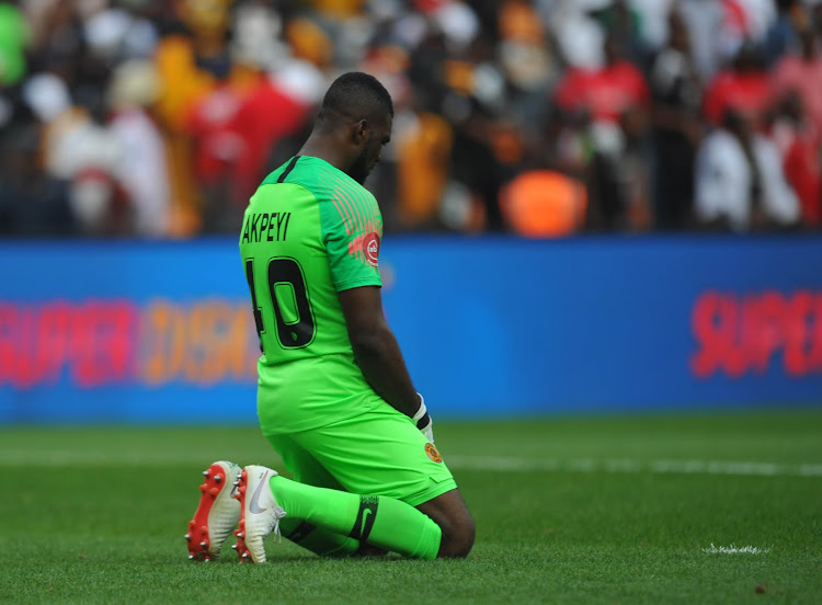 Kaizer Chiefs goalkeeper Daniel Akpeyi bows down his head after conceding a goal during the 1-1 Absa Premiership Soweto derby against Orlando Pirates at FNB Stadium on February 9 2019.