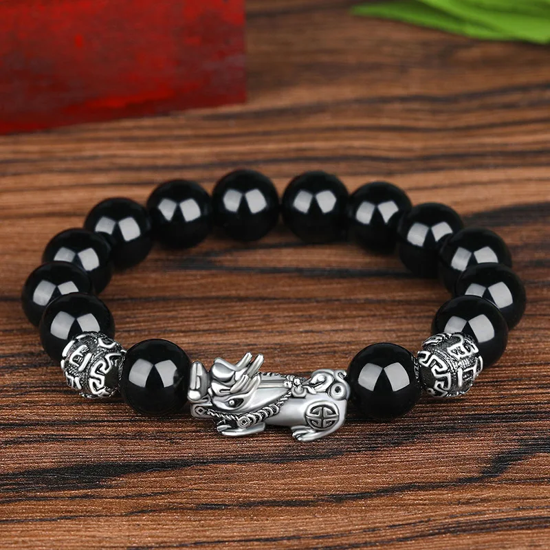 Lucky armband met oude zilveren obsidiaan kralen voor bescherming en geluk, een amulet voor voorspoed, spirituele sieraden.
