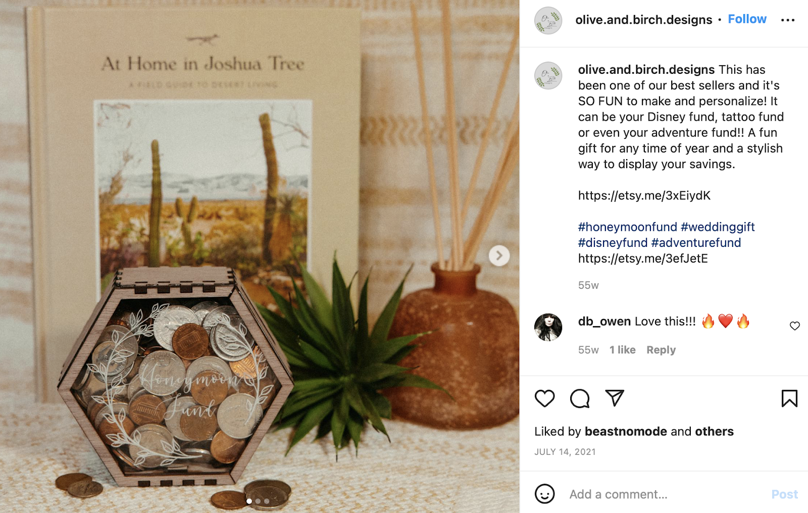 olivia and birch designs instagram post of honeymoon fund