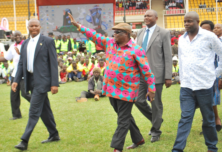 Cotu secretary general Francis Atwoli arrives at Bukhungu Stadium in Kakamega county on Friday for the Embrace Kenya rally.