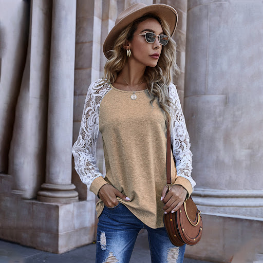 Title 3, Hollow Lace Long-sleeved Round Neck Sweater Wom...