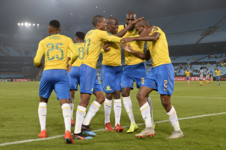 Mamelodi Sundowns celebrate during the CAF Champions League match between Mamelodi Sundowns and ASEC Mimosas at Lucas Moripe Stadium on February 01, 2019 in Pretoria, South Africa.