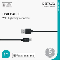 Kabel DELTACO USB-A til Lightning 1m Sort (Org.nr.IPLH-411)