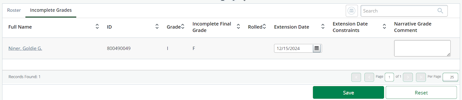 Incomplete grades tab open