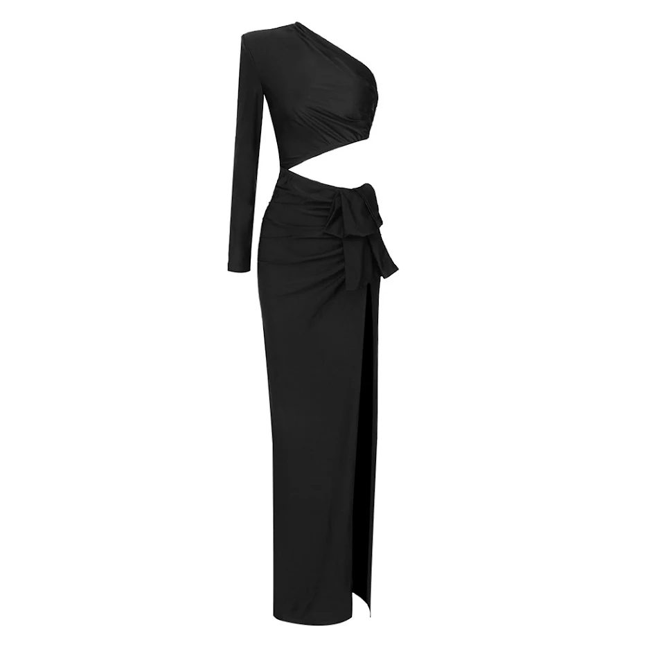 Damen Langarm Kleid mit Hohlsaum, Schlitz und elastischer schräger Schulter, ideal für stilvolle Auftritte und Komfort.