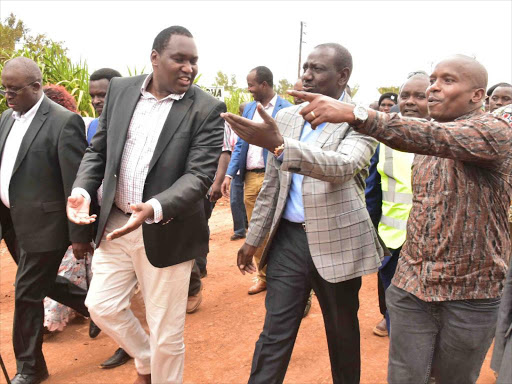 DP William Ruto accompanied by Tharaka Nithi Senator Kindiki Kithure and Maara MP Kareke Mbiuki during the launch of the Keeria-Magutuni-Kathwani road in Tharaka Nithi County, June 30, 2018. /CHARLES KIMANI /DPPS