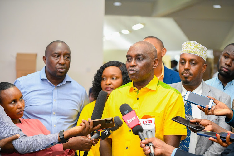 UDA National Elections Board Chairperson Anthony Mwaura addressing the press on Thursday, April 25, 2024.