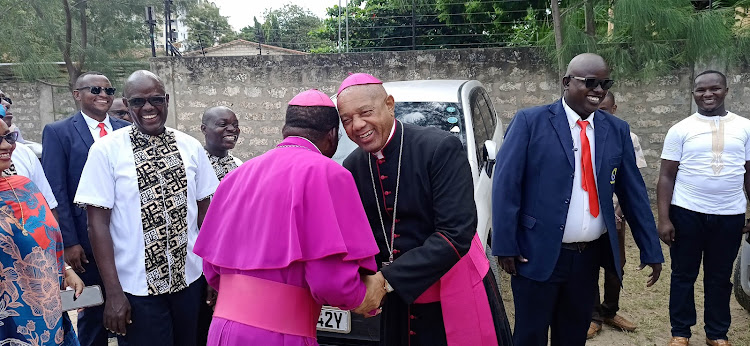 Mombasa Archbishop Martin Kivuva and his Malindi counterpart Bishop Willybard Lagho at St Joseph Catholic Church in Tudor, Mombasa on Sunday.