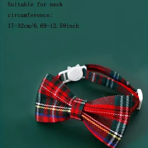 1pc Pet Breakaway Cat Collar Bow Tie and Bell Cute Plaid Christmas Red Elastic Adjustable Dog Collar With Sash Small Bel