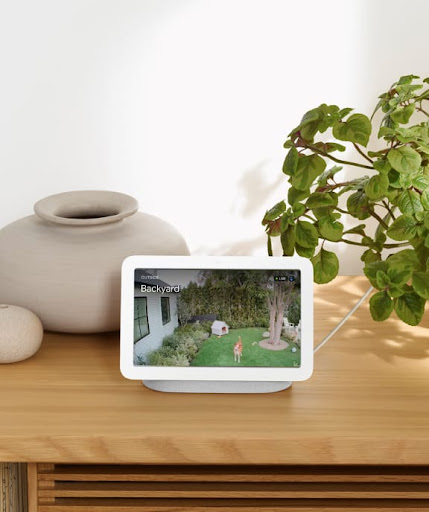 A Nest Hub on a table with plants and pottery.