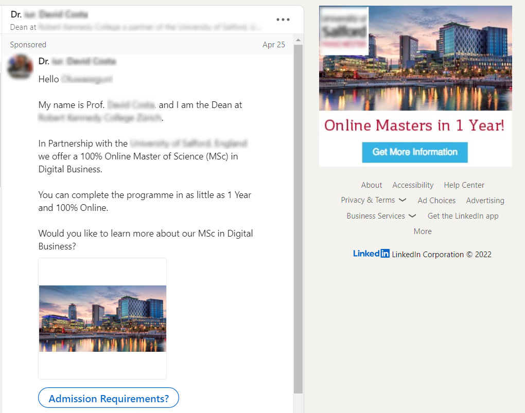 Example of LinkedIn direct message advertising.