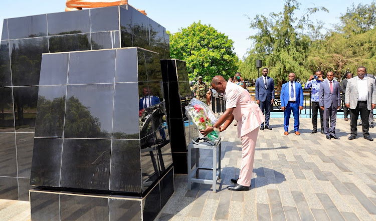 President William Ruto lays a wreath at the Kwame Nkrumah Museum and Mausoleum in Accra on the final day of his State Visit to Ghana, April 4, 2024.